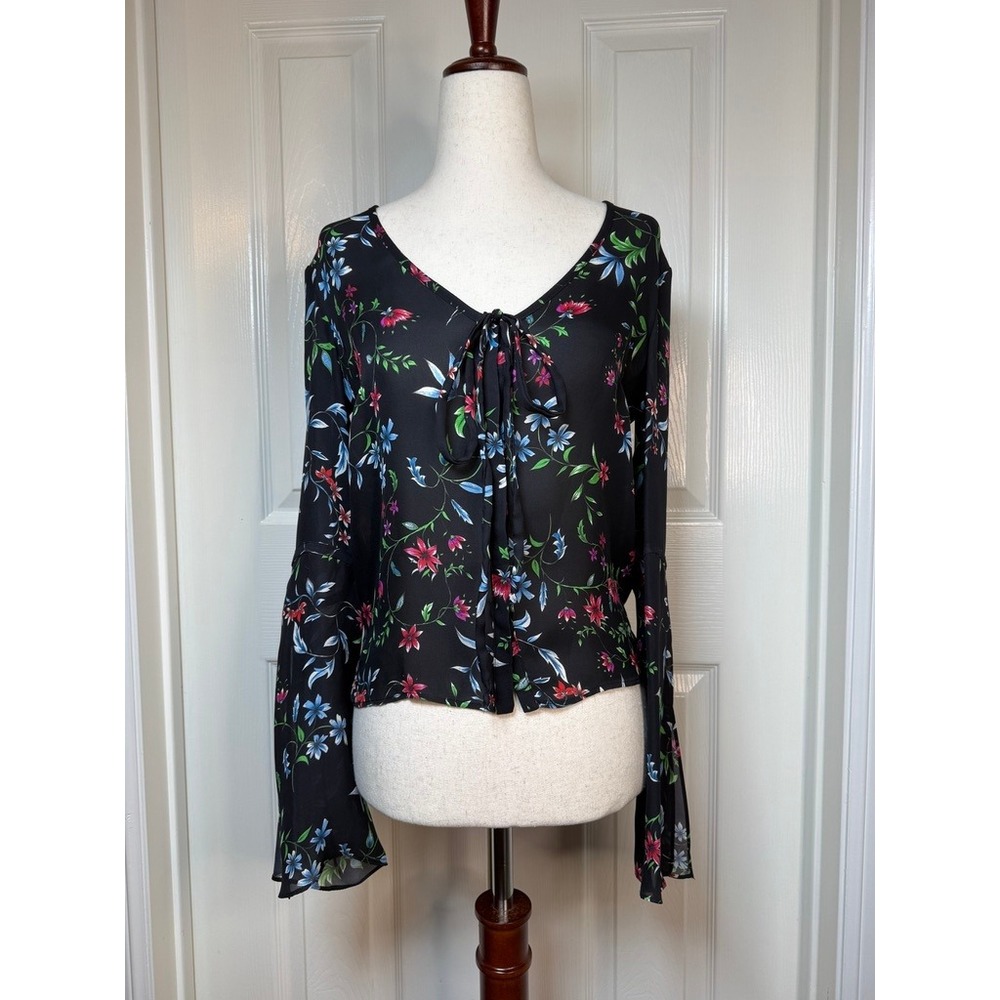 Milly Womens P Black Floral 100% Silk Tie Front Bell Sleeve Blouse Made in USA